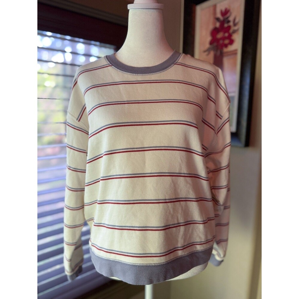 Madewell (Re)Sourced Cotton Striped White 3/4 Sleeve Swing Sweatshirt Small